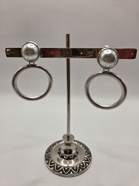 1647. Monet Silver-Tone Pearl Top Open Hoop Clip On Earrings